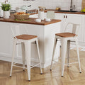Yongchuang 26 inch Bar Stools Set of 2 Kitchen Counter Height Chairs with Wood Seat Industrial Low Back Metal Barstools Cream White