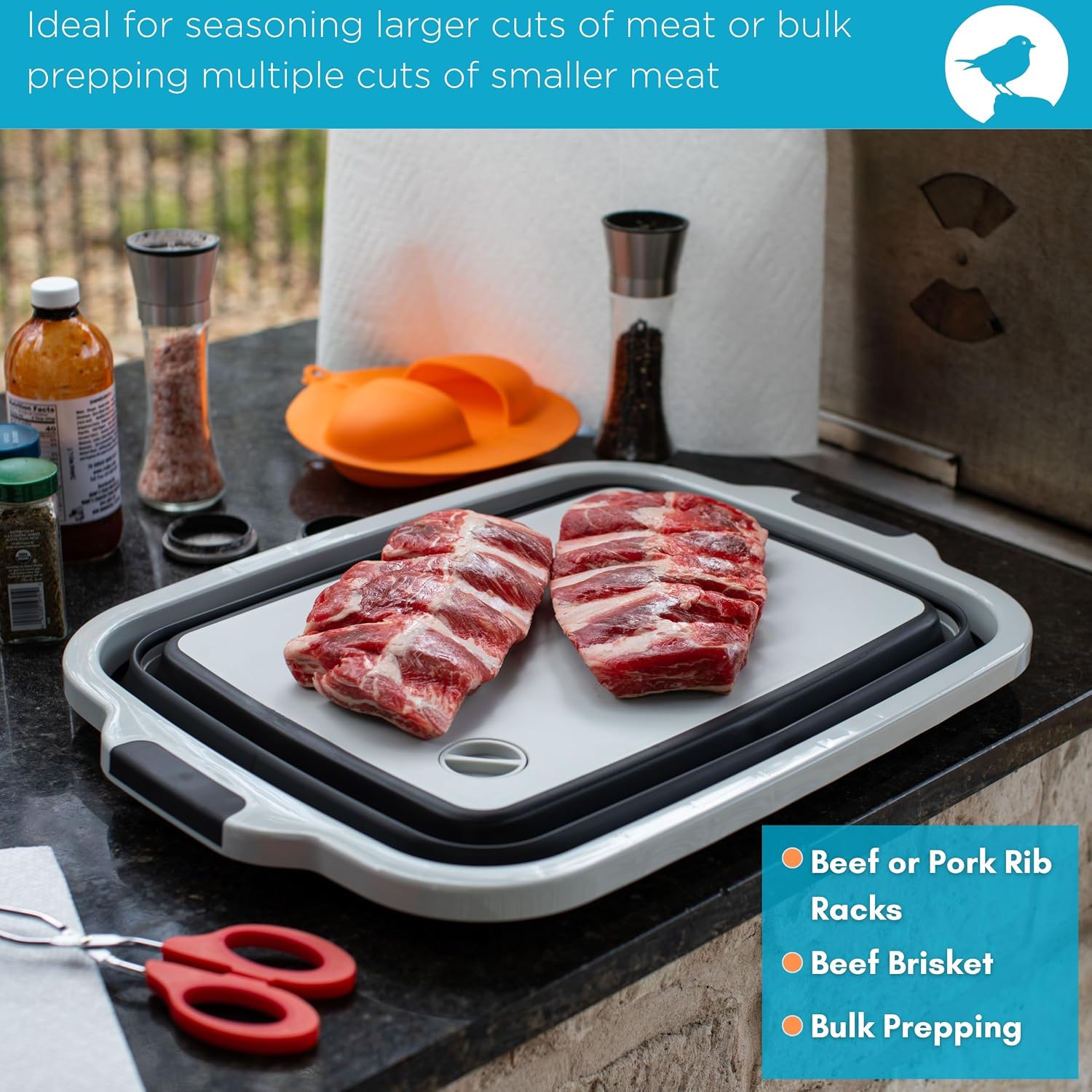 BIRDROCK HOME Collapsible XL BBQ Prep Tub w/Cutting Board, Multi-Function Grill Caddy w/Colander & Lid, Portable Silicone Dish Bowl for Picnic, Tailgate, Camping - Black | Grill Caddy Food Marinating Container with Lid and Meat Cutting Board - Portable