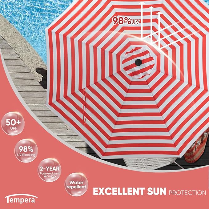 Tempera Patio Market Outdoor Table Umbrella with Auto Tilt and Crank, Large Sun Umbrella with Sturdy Pole & Fade Resistant Canopy, Easy to Set