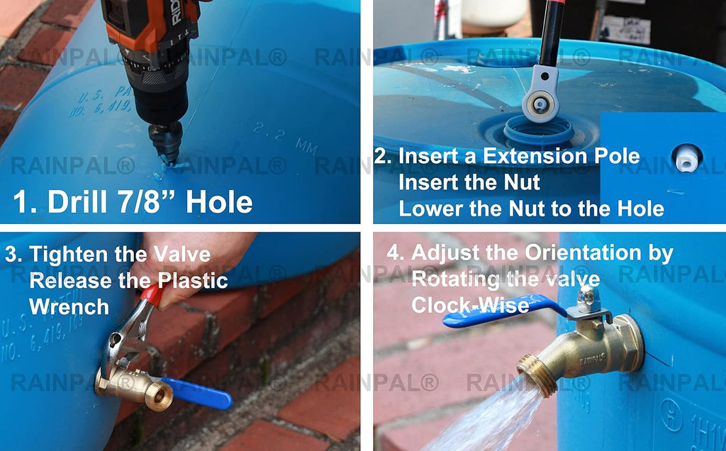 RBS008T LF Brass Rain Barrel Spigot (½” NPS, Full Port, LF Compliant, Quarter Turn Ball Valve With Plastic Wrench/Nut Holder, and Option to Install on Closed Top Barrel with Bung Hole)