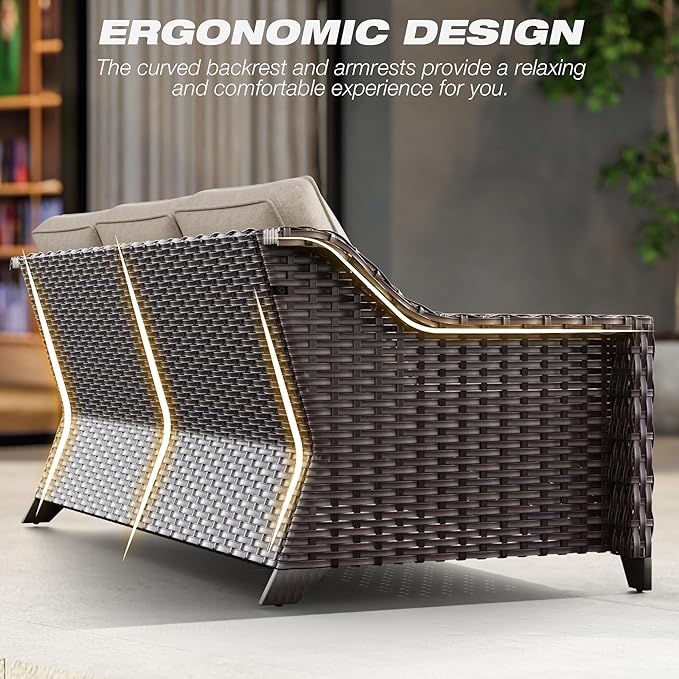 Joyside Patio Sofa - 3 Seater Rattan Sofa, All Weather High Back Sofa, Upgraded Large Size with 4inch Seat Cushions for Backyard, Garden, Poolside (Brown/Beige)