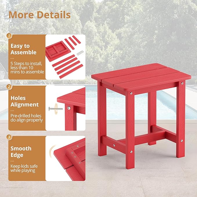 LUE BONA Outdoor Side Table, HDPS Small Outdoor Adirondack Side Tables, Outside End Table for Patio, Porch, Deck, Pool, Weather Resistant/Easy Maintenance,Bright Red