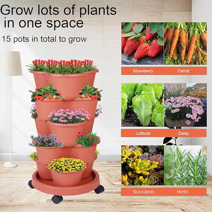 5-Tier Vertical Garden Tower Stackable Planter for Strawberries, Flowers, Vegetables & Herbs 2-Pack