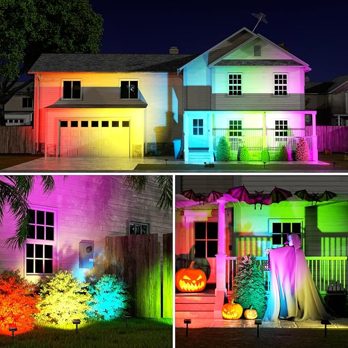 Fabrito Color Changing Solar Spot Lights Outdoor 8 Pack, [6+1 Lighting Modes] Auto On/Off RGB Spotlights, Waterproof Multicolor Landscape Lights for Garden, Tree, Halloween, Christmas