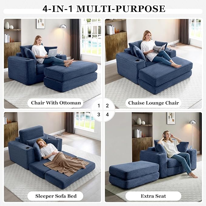 HANXIN 62" Chaise Lounge Chair Indoor, Oversized Corduroy Boneless Convertible Chaise Lounge Couch Sleeper Chair with Ottoman, Deep Seat Reading Chair, No Assembly Required (Blue)