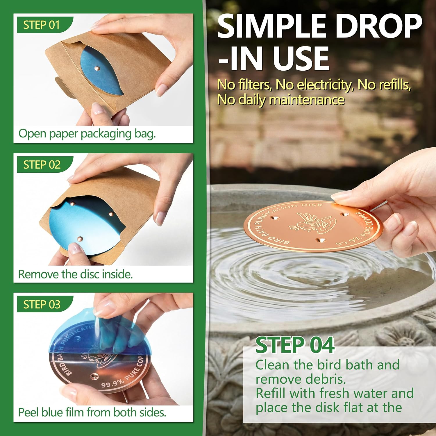Factee 2PCS Bird Bath Copper Disk – 0.6mm Thick 99.9% Pure Copper Cleaning Disk, Helps Maintain Cleaner-Looking Water, All-Season Use for Outdoor Bird Baths, Bowls, Bird Bath Solar & Fountains