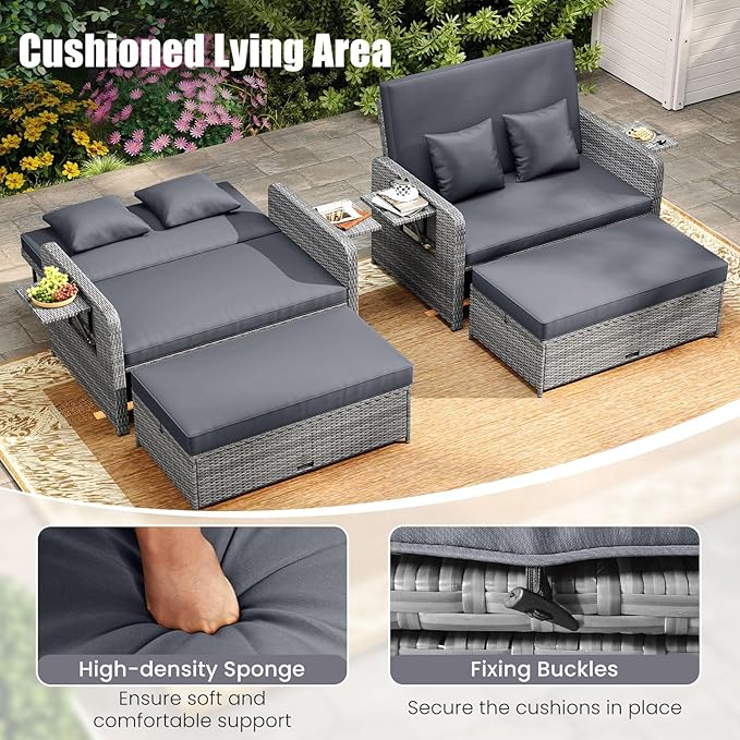 LDAILY Moccha Outdoor Daybed, Wicker Loveseat Sofa Set with 4-Postion Adjustable Backrest, Storage Ottoman, Cushions, Rattan Double Bed Lounger, Patio Furniture Set (Mixed Gray+Gray)