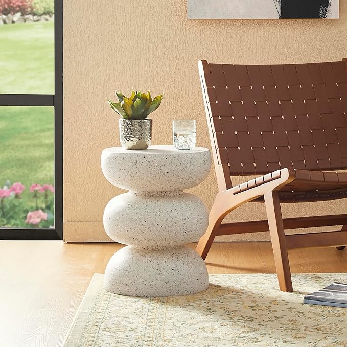 Glitzhome Outdoor Side Table Set of 2, 18" H Decorative Garden Stool MgO Faux Terrazzo End Table, Heavy Duty Indoor Outdoor Round Planter Stand for Living Room Bedroom Patio Deck Poolside,White