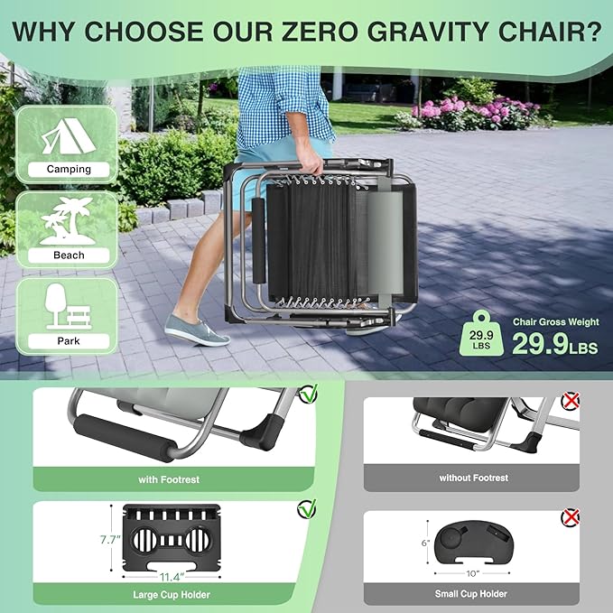 Suteck Oversized Zero Gravity Chair, 29In XL Outdoor Recliner Chair w/Removable Cushion&Headrest, Camping Lounge Chair w/Upgraded Lock&Footrest, Reclining Patio Chairs for Indoor Outdoor,500LBS