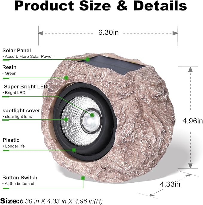 Outdoor Solar rock lights,IP65 Waterproof LED Super Bright spotlights, suitable for house exteriors, stairways, garden statues, sidewalks, pond rock landscapes, and palm tree display lighting- 2Pcsk