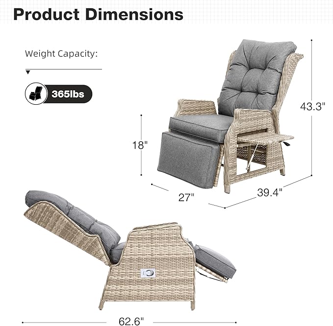 Outdoor Recliner with Adjustable Back and Footrest, Patio 150° Lay Flat Recliner with Flip Table Wicker Reclining Lounge Chair, Grey with Beige Wicker 2PCS