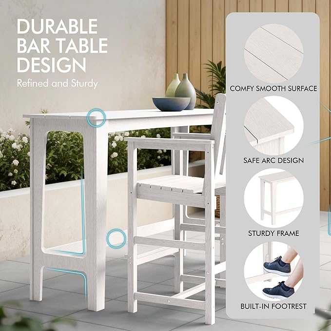 Ciokea Outdoor Bar Height Table Set of 5, 60" Extra Long Rectangle High Top Table and 4 Oversized Adirondack Chairs Set, Heavy-Duty All-Weather HDPE Patio Bar Set for Backyard Balcony Deck, White