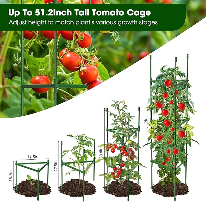 6 Pack Tomato Cages for Garden,Up to 51.2Inch Tomato Cage Trellis-Upgraded Hexagon Connector,Heavy Duty Adjustable Tomato Stake Support for Raised Garden Bed