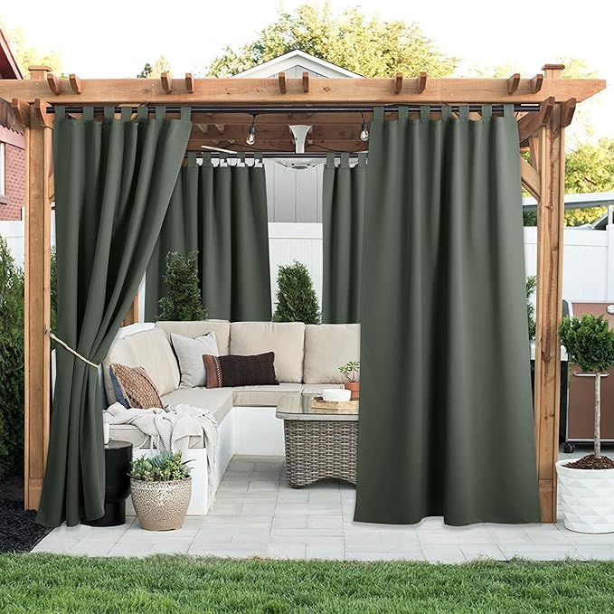 NICETOWN 2 Panels Greyish Green Outdoor Curtainss for Patio Waterproof, Detachable Sticky Tab Top Blackout Indoor Outdoor Blinds Heat & Cold Blocking Privacy for Gazebo/Porch, W52 x L95