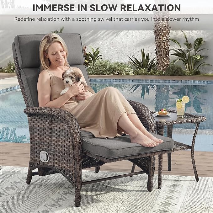 Zero Gravity Wicker Patio Recliner Chair - Wicker Outdoor Lounge Chair with Adjustable Backrest & Footrest, All Weather Outdoor Reclining Chairs with Thick Cushion for Pool Deck Gray