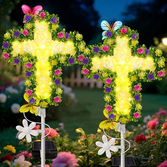2 Pack Solar Flower Cross for Cemetery Grave, Grave Decorations for Cemetery Solar Crosses, Sympathy Memorial Gifts, for Garden Lawn Yard Patio Decor