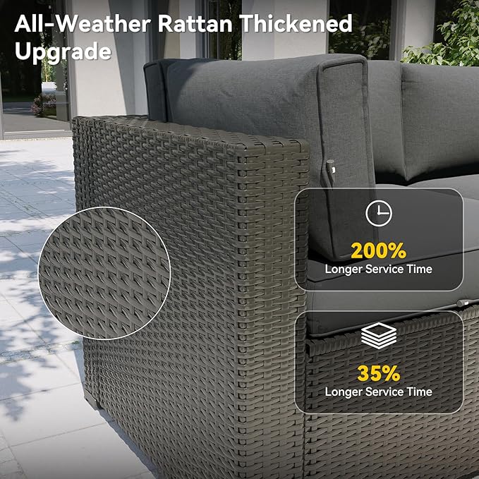 Aoxun Patio Furniture Set with Fire Pit Table, 12 Piece Outdoor Sectional Sofas, 10 Seats Wicker Rattan Outdoor Furniture with Thickened Cushion for Backyard, Garden Dark Grey