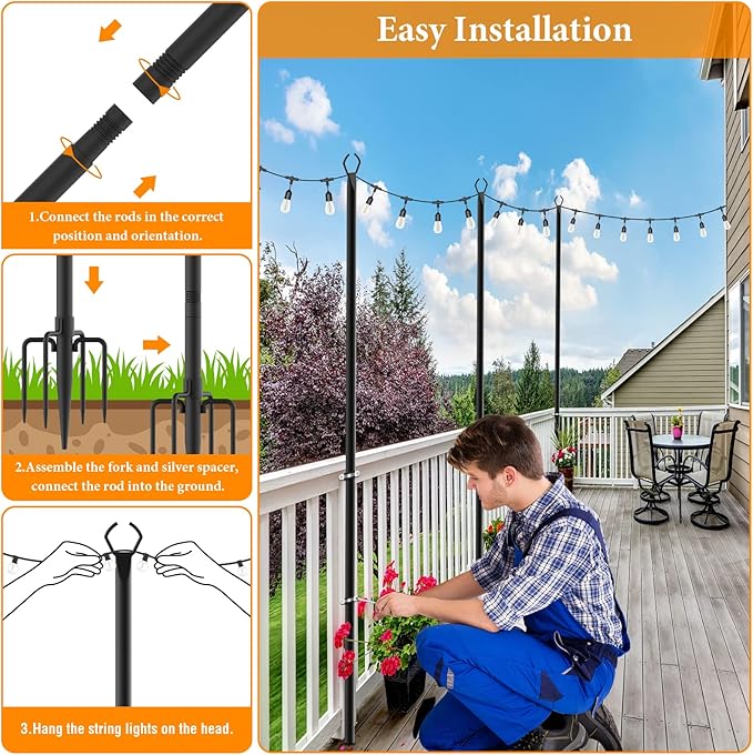 2 Pack String Light Poles,10 Ft Light Poles for Outside String Lights,Outdoor Lights Pole with Fork,Metal Poles Stand for Patio Deck Backyard