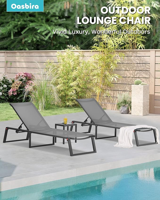 Aluminum Pool Lounge Chairs Set of 2 with 1 Side Table, Foldable Outdoor Chaise Lounge 5-Position Lounge Chirs for Outside Poolside, Fully Grounded Legs Sun Lounger for Beach, Yard, Dark Grey