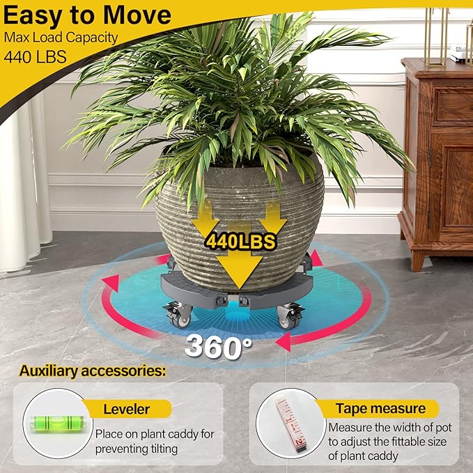 Goovilla Heavy Duty Plant Stand with Wheels - 1Pack Adjustable 15-22 Plant Caddy with Lockable Caster Wheels 440LBS, Rolling Stand/Dolly for Indoor/Outdoor Large Planters, Flower Pots, Gray
