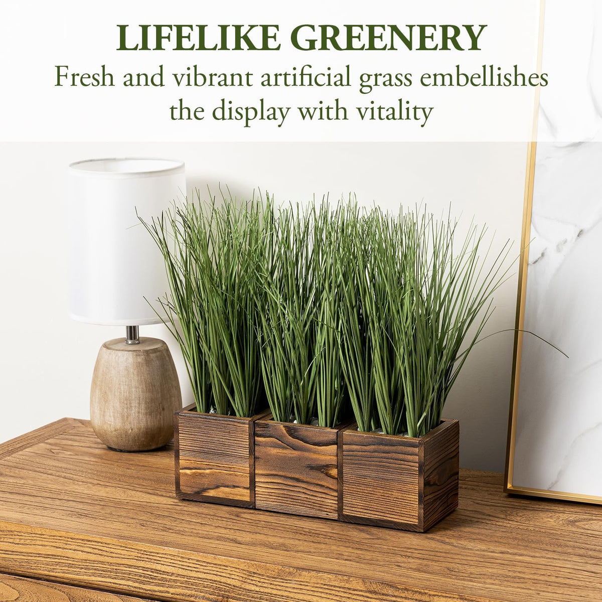 mygift artificial green grass plants trio in rustic, close-up detail