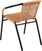 EMMA + OLIVER Set of 4 Modern Rattan Indoor/Outdoor Stack Chairs, Stacking Rattan Patio Chairs with Curved Back and Cross Bracing, Beige