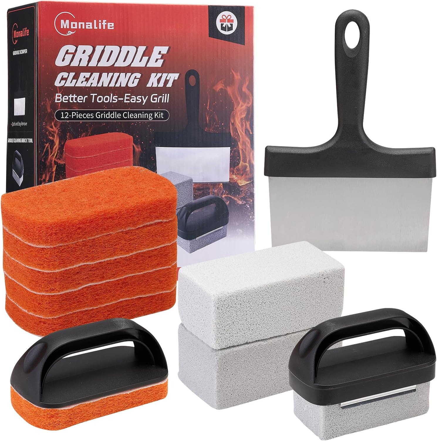 12 Pcs Griddle Cleaning Kit for Blackstone, Heavy Duty Grill Brush | Flat Top Grill Cleaning Kit with Grill Stone, Griddle Scraper & Griddle Brush, Easy to Remove Stain, BBQ Accessories