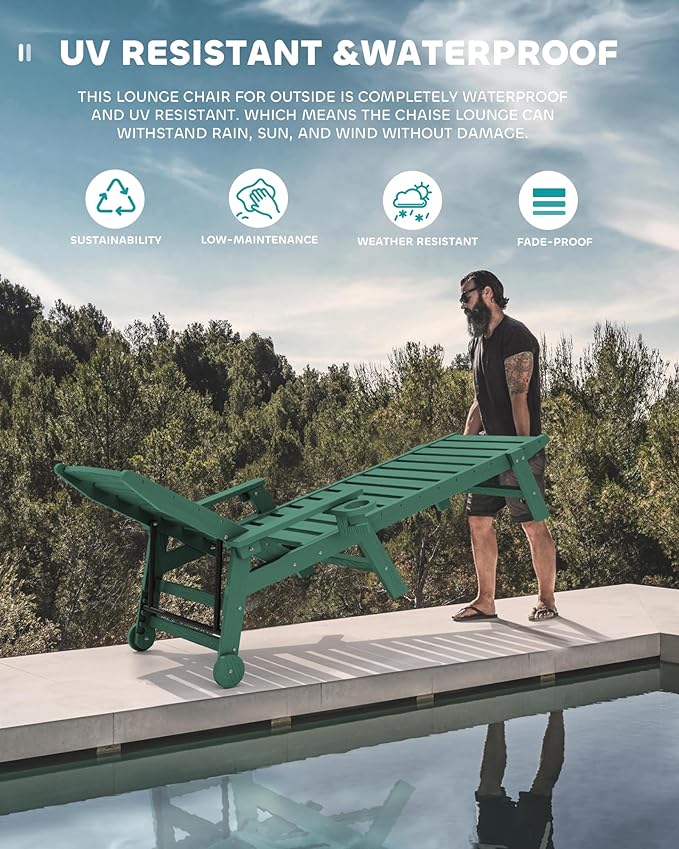 SERWALL Patio Chaise Lounge Chair, 78'' Long HDPE 5 Positions Adjustable Outdoor Lounger, Poly Lounge Chair with Rolling Wheels & Cup Holder for Pool, Dark Green