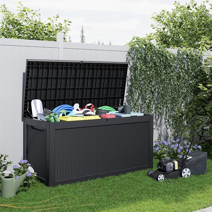 320 Gallon Waterproof Outdoor Storage Box,Large Resin Deck Box,Lockable Outside Storage Box Container for Patio Furniure,Garden,Tools (320 Gallon,Black)
