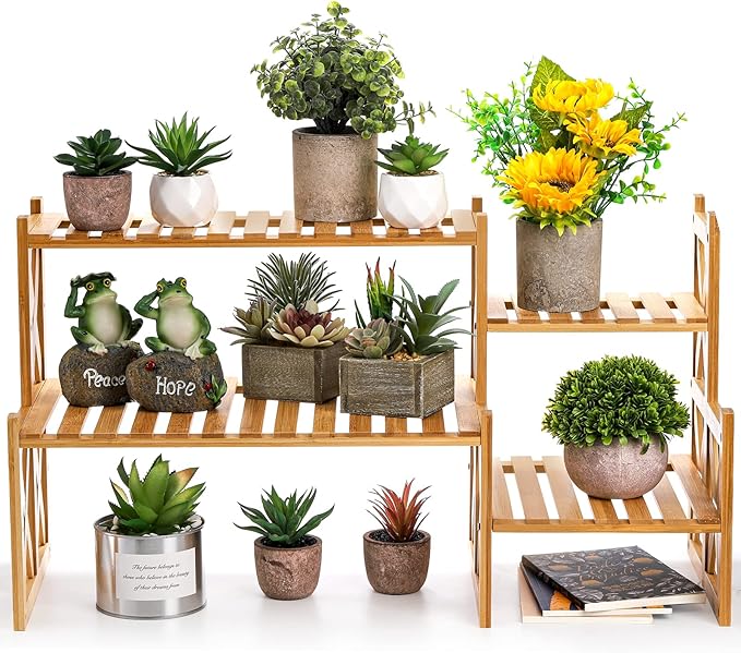 Lawei 2 Tier Bamboo Tabletop Plant Stand, Adjustable Flower Pot Holder Shelf Planter Display Stand, Small Desktop Ladder Plant Rack for Indoor Outdoor Home Patio Lawn Garden Balcony Organizer