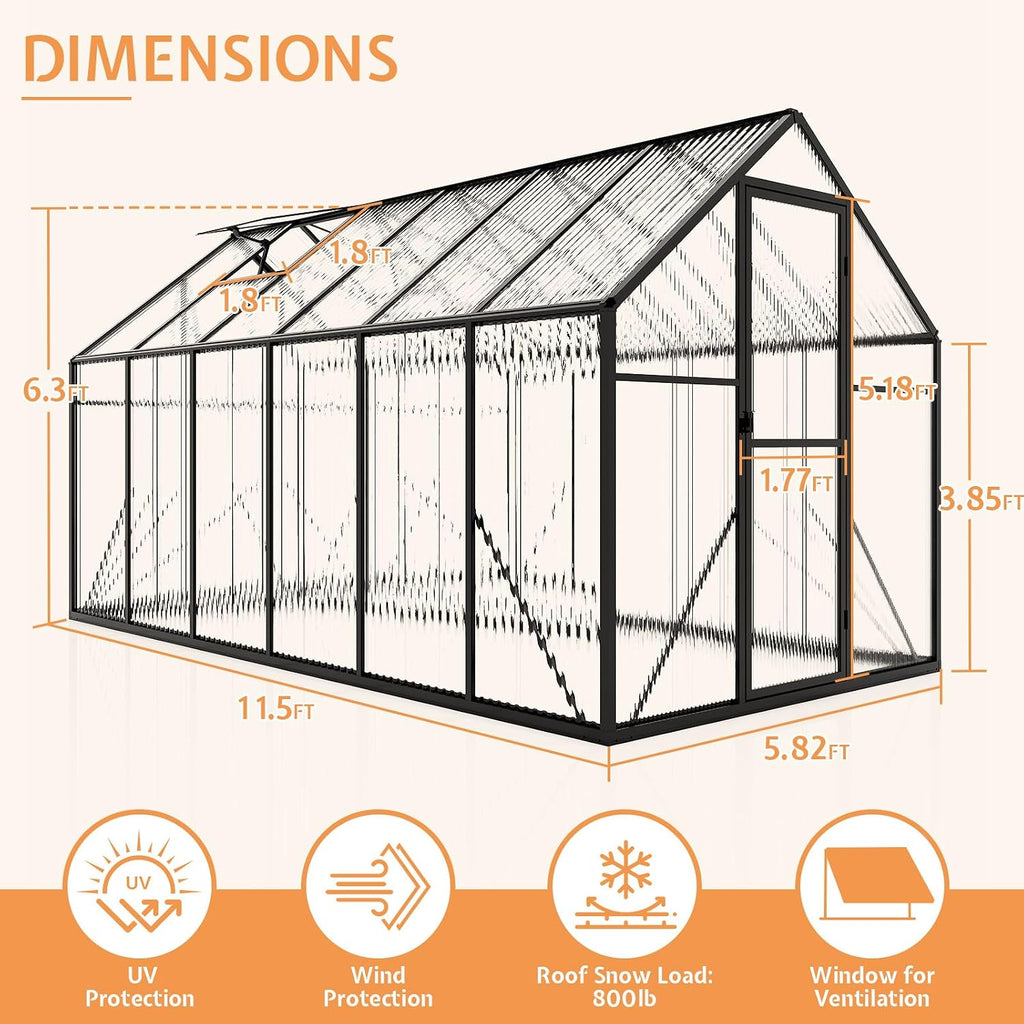 jocisland 6x12x6.3 ft polycarbonate walk-in greenhouse with dual on a desk or shelf