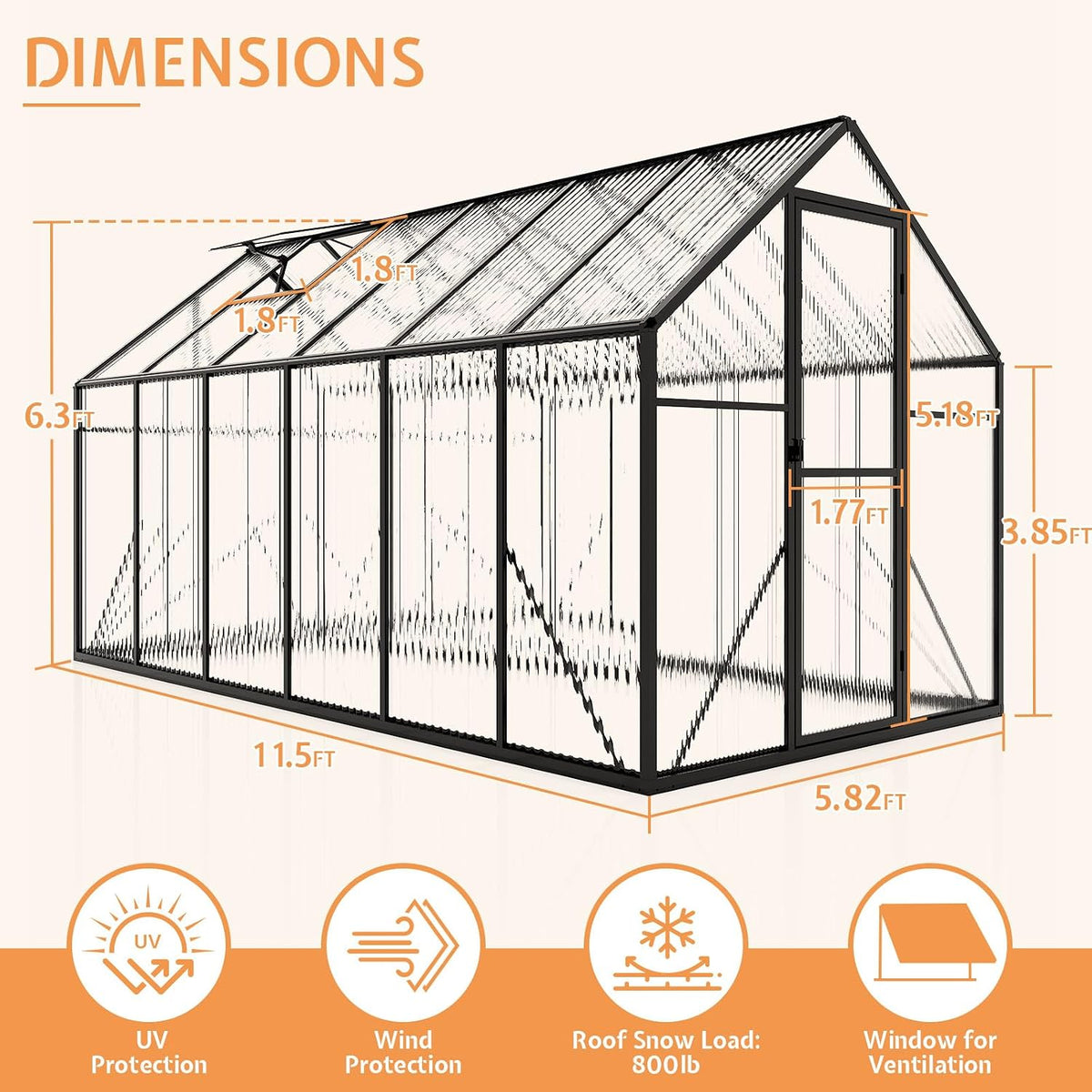 jocisland 6x12x6.3 ft polycarbonate walk-in greenhouse with dual on a desk or shelf