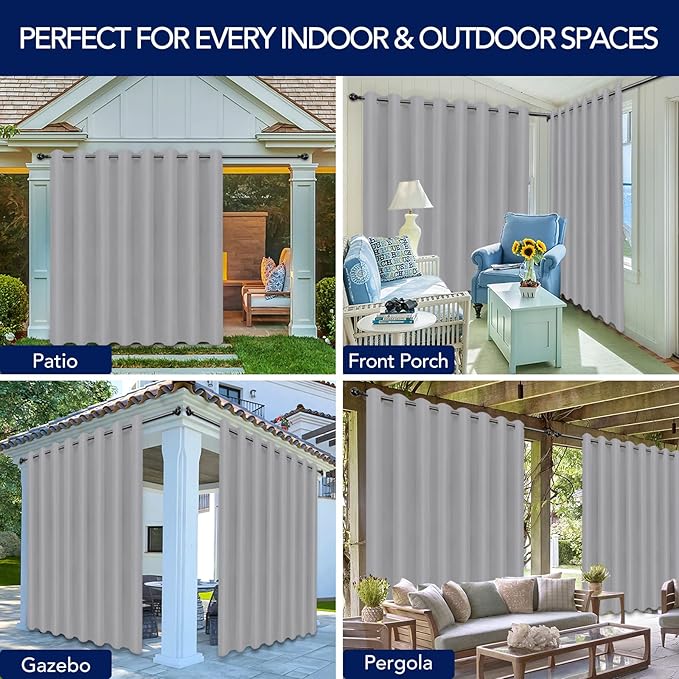PureFit Outdoor Curtains for Patio Waterproof Weatherproof, UV Resistant Outside Curtains for Gazebo, Front Porch, Pergola, Sun Blocking Privacy Curtain, 120W x 84L inch, 1 Panel, Light Gray