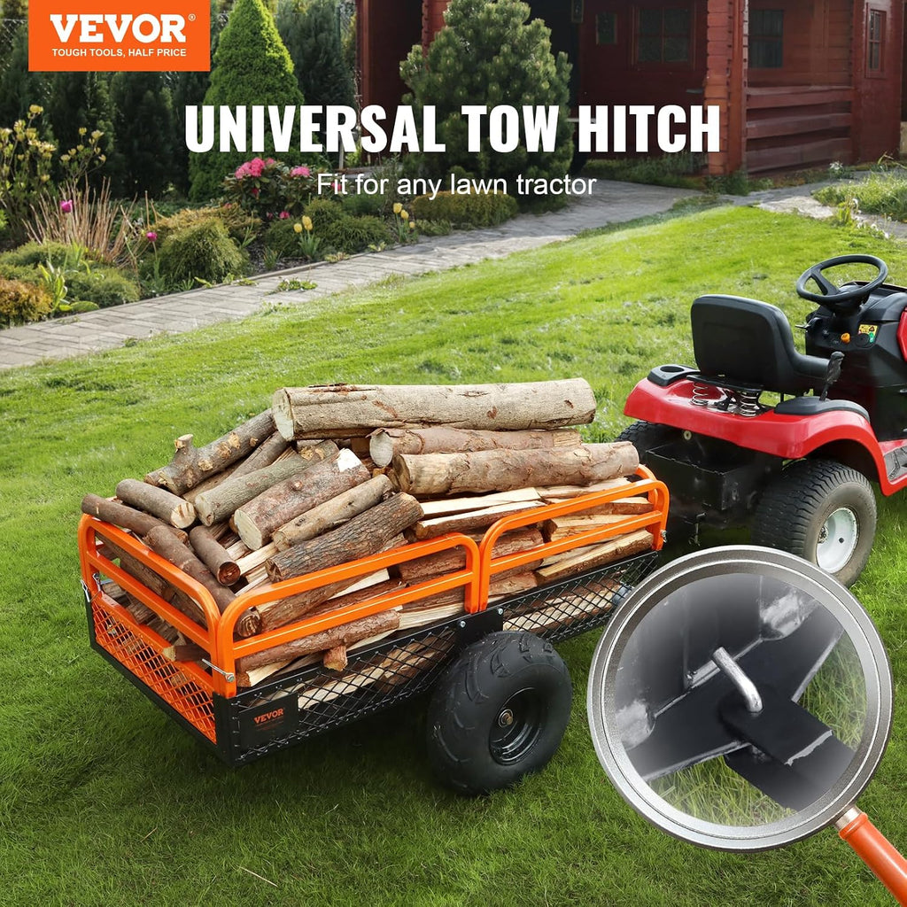 vevor atv utv trailer tow behind dump cart shown in use