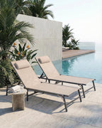 4 Pack Foldable Chaise Lounge Chair with Cup Holder, Assemble-Free Outdoor Lounge Chair with Detachable Pillow and 6 Adjustable Backrest, Patio Lounge Chair for Outside Poolside Beach Pool, Khaki
