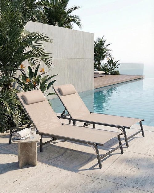 4 Pack Foldable Chaise Lounge Chair with Cup Holder, Assemble-Free Outdoor Lounge Chair with Detachable Pillow and 6 Adjustable Backrest, Patio Lounge Chair for Outside Poolside Beach Pool, Khaki