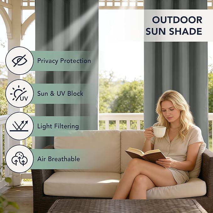Outdoor Curtains for Patio Waterproof - 6 Panels Privacy Weatherproof Outside Curtains with Grommets for Pergola, Gazebo, Porch, Cabana, Balcony, 54 x 120 Inch, Grey