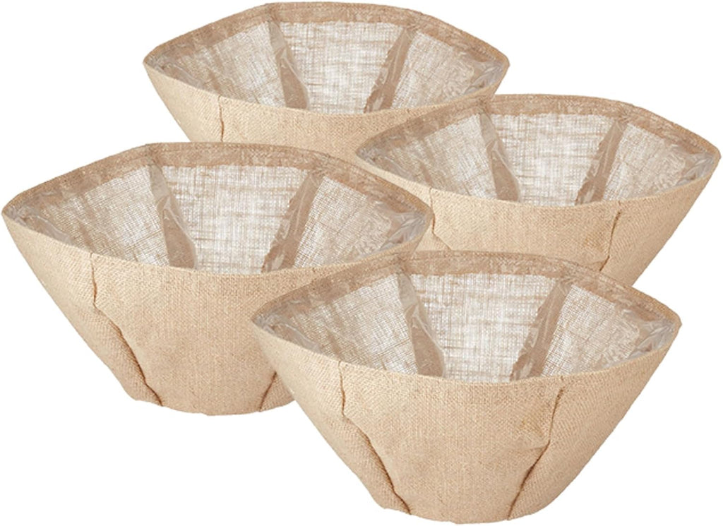 BestNest Panacea Round Burlap Hanging Basket Liners, 14 in Diameter, Pack of 4 – Formed Basket Inserts with Plastic Liner & Drainage Grommet, Tan Brown