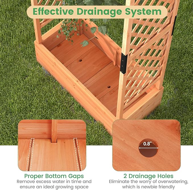 Giantex 2 Pcs Raised Garden Bed with Trellis & Hanging Roof, Wood Planter Box with Bottom & Drainage Holes, Freestanding Garden Planter for Flower Vegetable Fruit Herb Climbing Vines, 43.5"x17.5"x72"