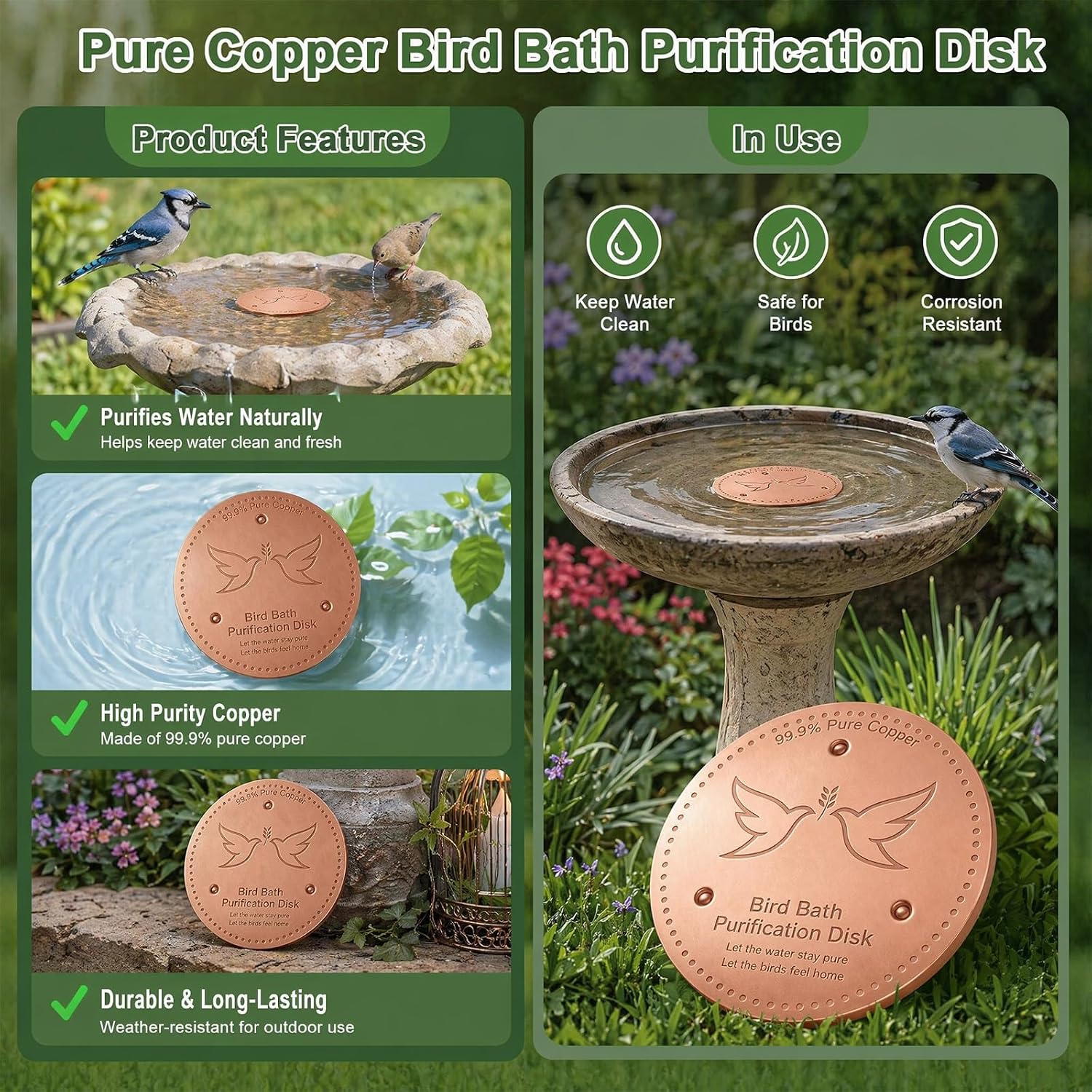 2 Pack Bird Bath Copper Disk, 0.6mm Thick 99.9% Pure Copper Cleaning Disc Plate for Physical Safe Water Purification All-Season for Outdoor Wildlife Bird Bowls Birdbaths Solar