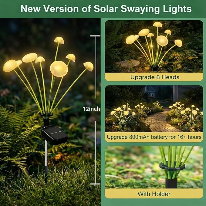 4 Pack 32LED Solar Garden Lights, 8 Lighting Modes Swaying Mushroom Lights, IP65 Waterproof Outdoor Decor for Garden, Yard, Patio, Pathway & Gifts for Women, Grandma (Warm White)