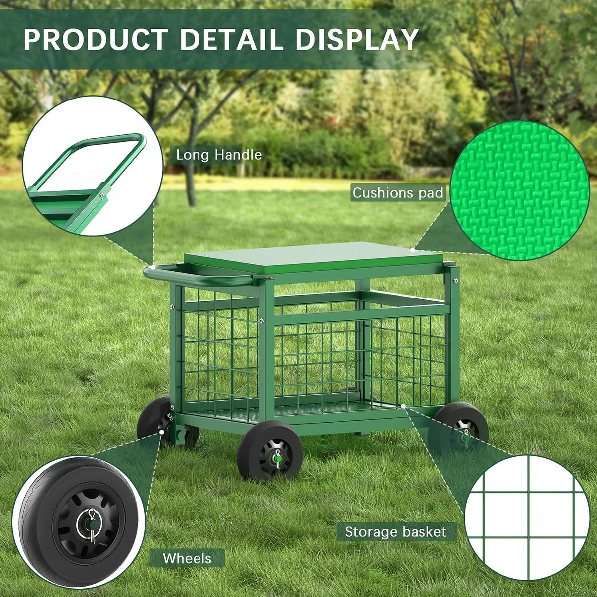 garden cart with seat,3-in-1 rolling seat with wheels, front angle view