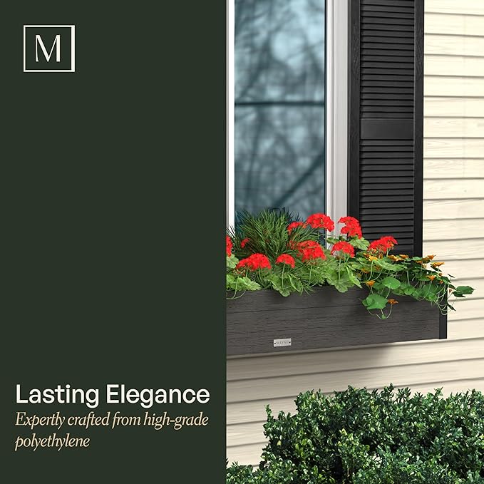 Mayne Horizon 4FT Window Box Planter – Modern Rectangular Faux Wood Grain Design for Windows, Durable All-Season Outdoor Flower Box with Drainage, Easy Installation