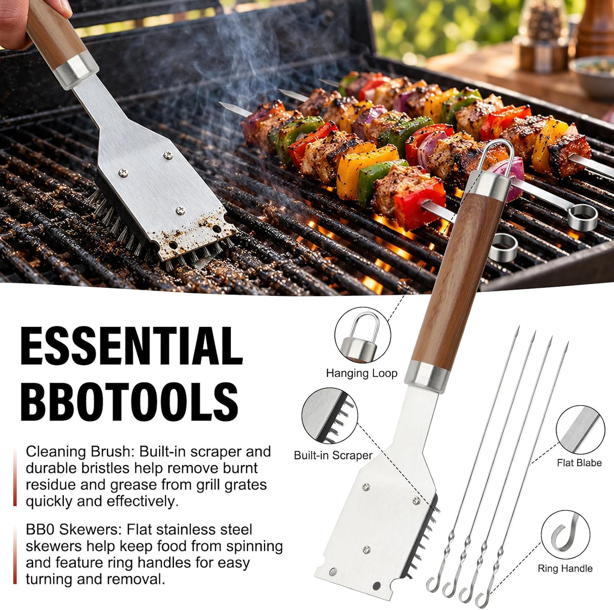 grill set, grill tools for outdoor grill utensils, side view