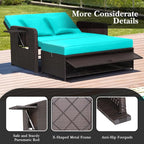 LDAILY Moccha Outdoor Daybed, Wicker Loveseat Sofa Set with 4-Postion Adjustable Backrest, Storage Ottoman, Cushions, Rattan Double Bed Lounger, Patio Furniture Set (Turquoise)