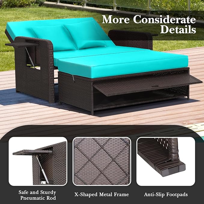 LDAILY Moccha Outdoor Daybed, Wicker Loveseat Sofa Set with 4-Postion Adjustable Backrest, Storage Ottoman, Cushions, Rattan Double Bed Lounger, Patio Furniture Set (Turquoise)