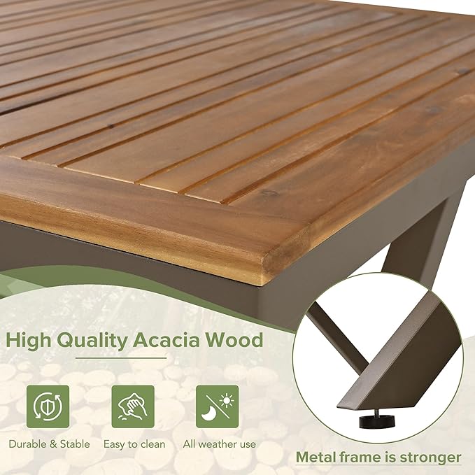 Merax 7 Pieces Patio Dining Table and Chairs, All-Weather Outdoor Furniture Set, Acacia Wood Tabletop, Metal Frame, for Garden, Backyard, Balcony, Beige