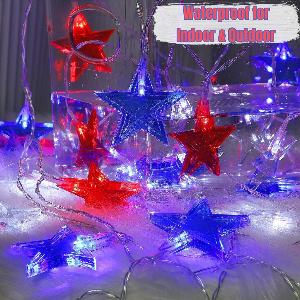 July 4th Red Blue and White Star Lights, 40LED 19FT Patriotic String Lights with Stars Battery Operated, 8 Lighting Modes & Timer, Waterproof Outdoor Independence Day Memorial Day Holiday Party Decor