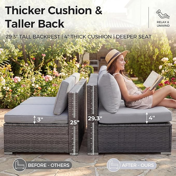NICESOUL 9 Piece Patio Set with Fire Pit Table Natural Gas/Propane, 29.3'' High Backrest XL Large Outdoor Furniture with Firepit & Chaise Lounge, Wide & Deep Seating Wicker Sectional, Light Grey