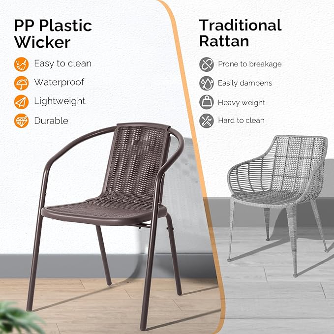 VINGLI PE Rattan Outdoor Dining Chairs Set of 4, Plastic Stackable Patio Chairs for Indoor, Porch, Restaurant, Garden, Brown